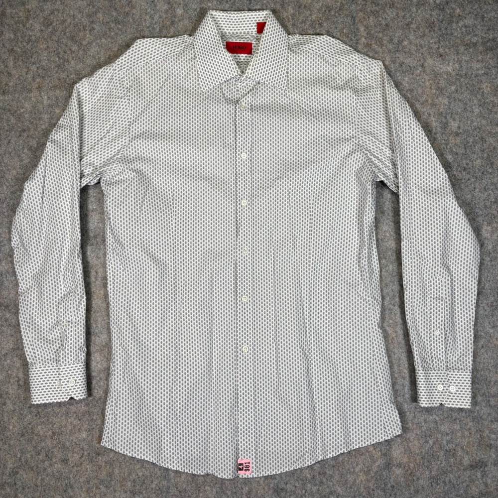 Hugo Boss Mens XL Grey White Geometric Print Long Sleeve Button Down Dress Shirt